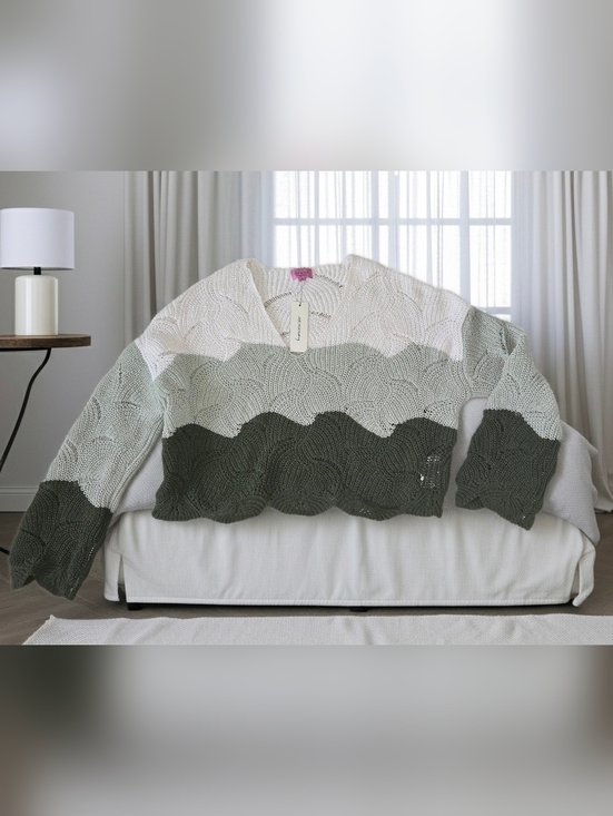 Francesca's Collections Tops - Francesca's Collections V-Neck Crochet Sweater in Cream, Sage & Olive NWT Size S